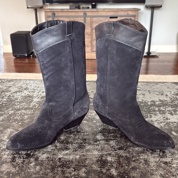 Reba Black Suede Short Distressed Western Boots 10" Tall, 14" Circum, Size 8 - Picture 5 of 8